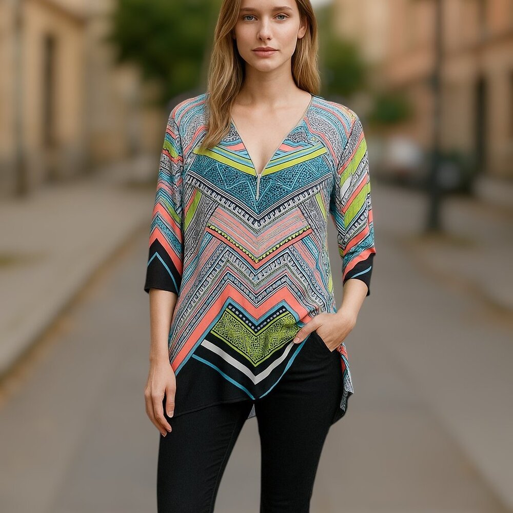 Nygard Neon Geometric Shark Bit Flutter Hem Tunic Size Petite M